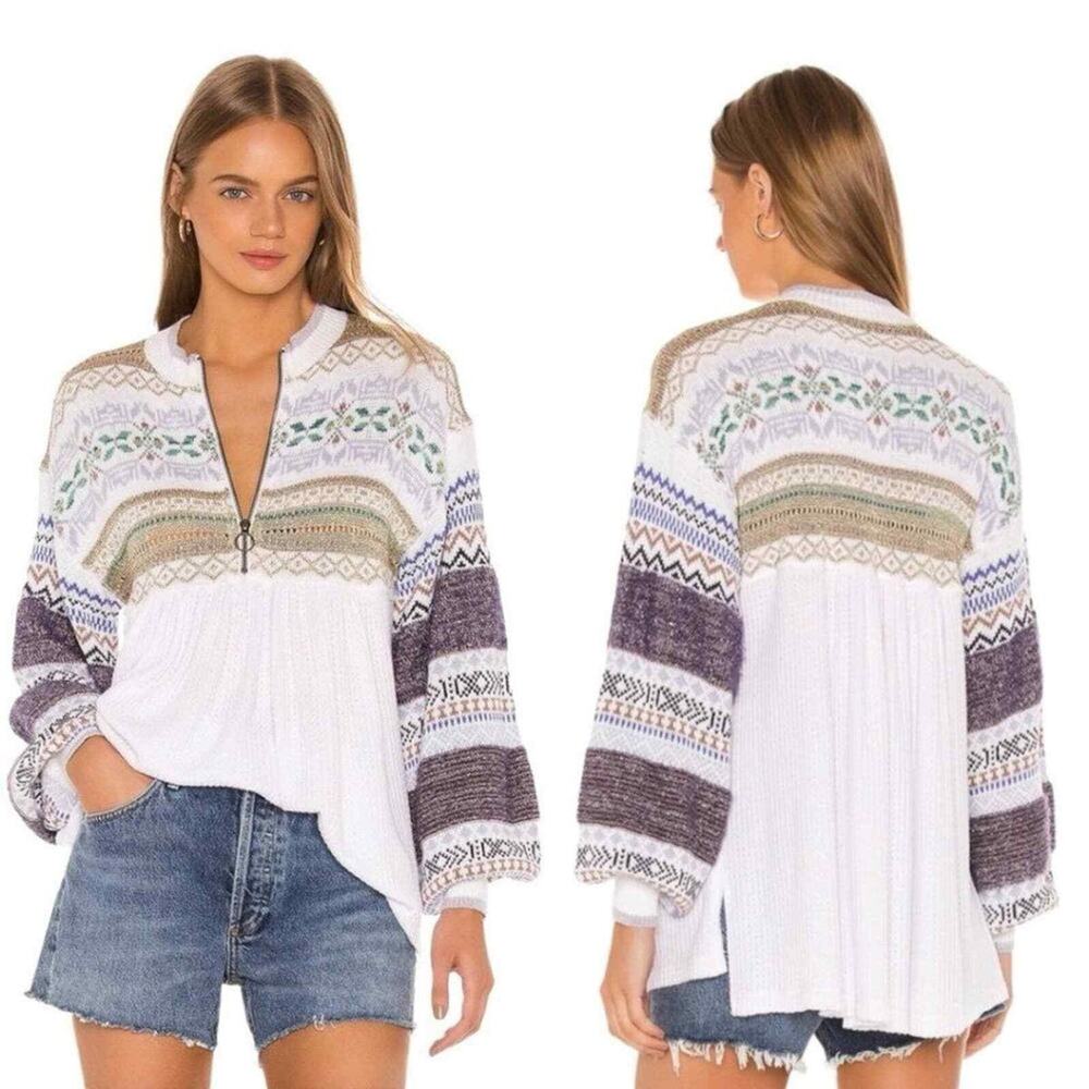 Free People White Cozy Cottage Half Zip Sweater L Large Cabin Winter Cottagecore